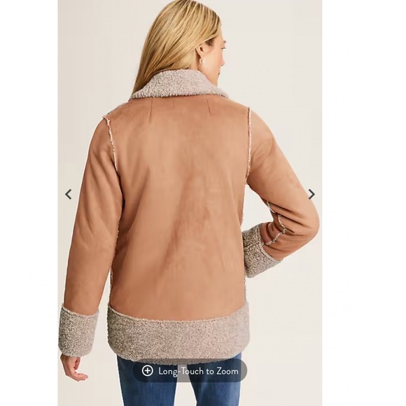 J. Jill Womens Faux Suede Sherpa Lined Jacket Tan Brown Faux Fur Coat - Picture 4 of 11